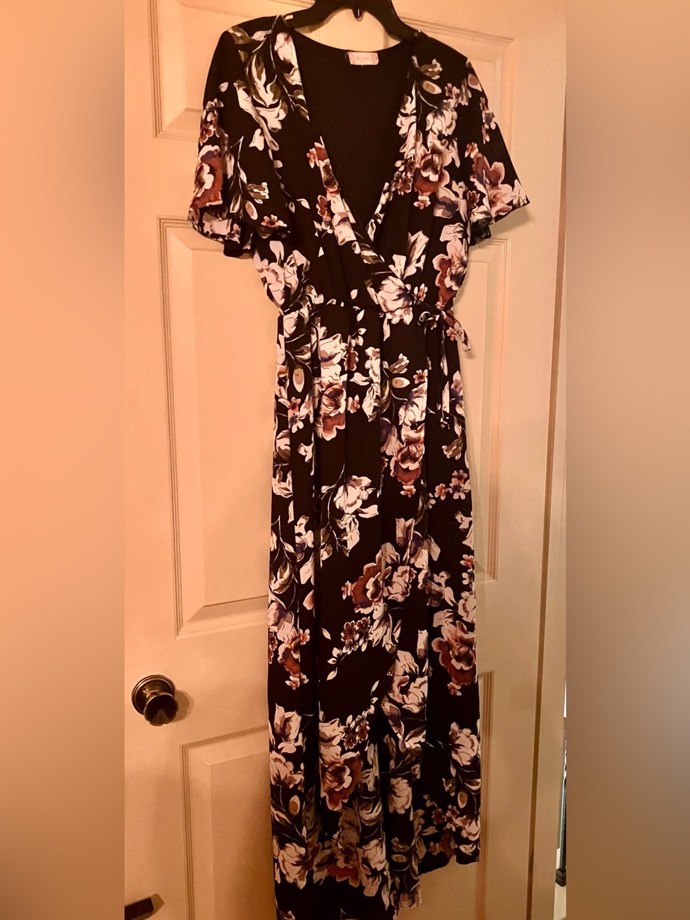 Floral Wrap Maxi Dress - Black with Floral Print